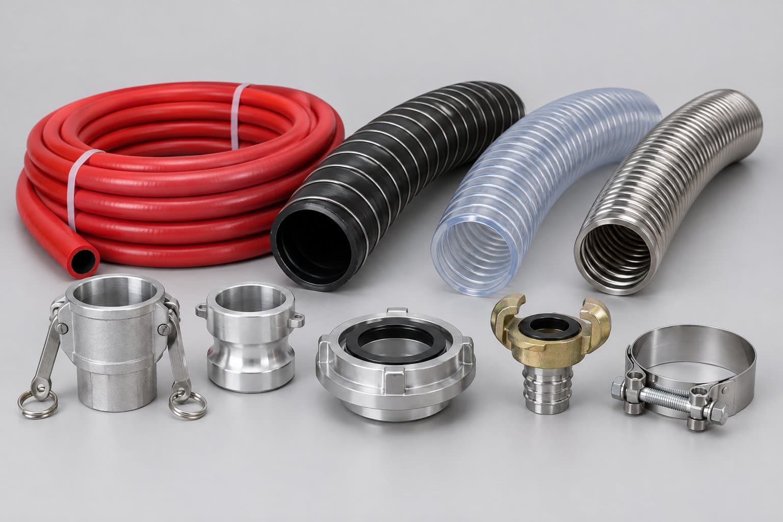 A group of industrial hoses — red air hose, black suction hose with a helix, clear PVC suction hose and corrugated stainless hose — with cam and groove, Storz and claw couplings and a hose clamp in front