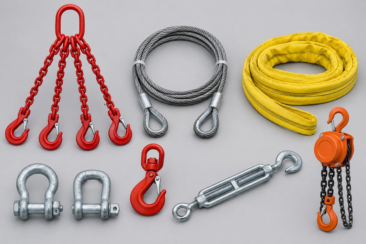 A group of lifting and rigging gear — a four-leg chain sling, a wire rope sling, a yellow webbing sling, shackles, a swivel hook, a turnbuckle and a manual chain block