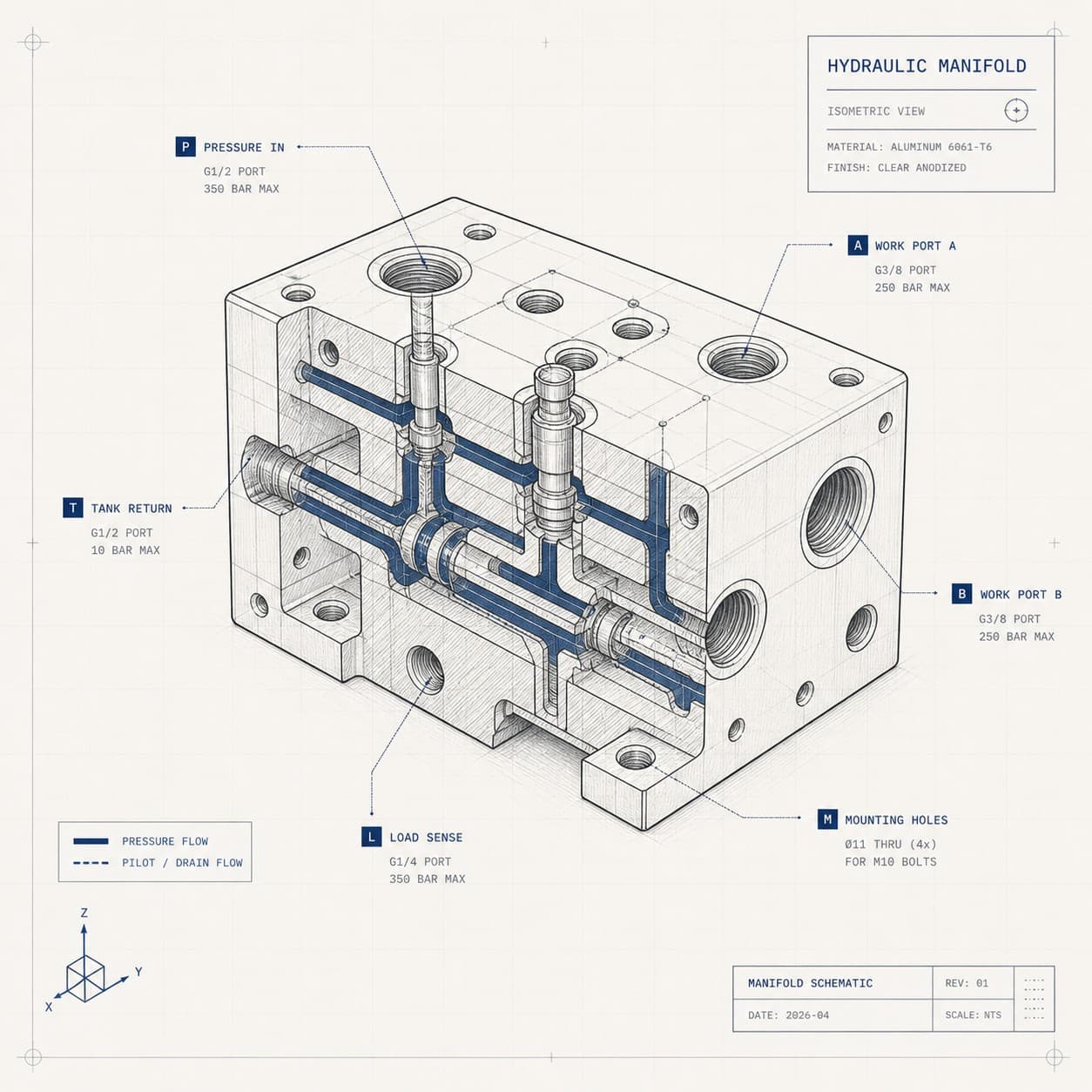Hydraulic manifold — isometric cutaway showing P / A / B / T / L ports and internal flow paths.
